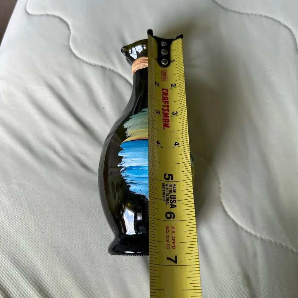 VTG Hand Painted Island Nautical Painted + Textured Glass Bottle Vase W/ Handle